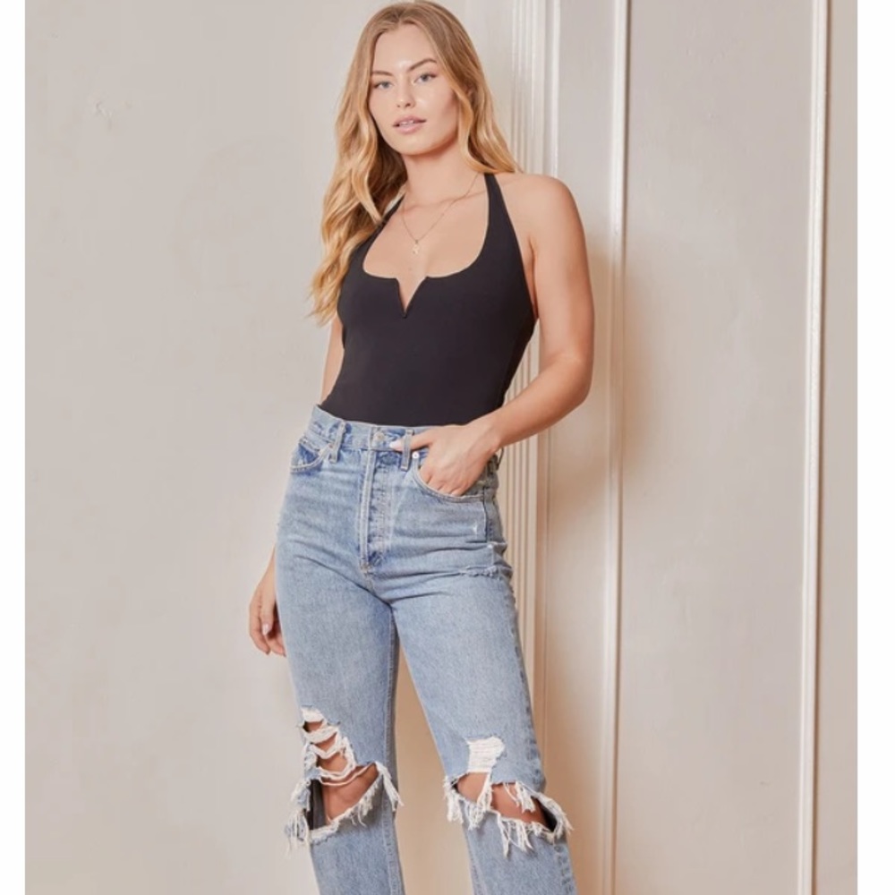 Lulus Ready or Notch Black Halter Bodysuit plunge Neckline stretchy knit body XS